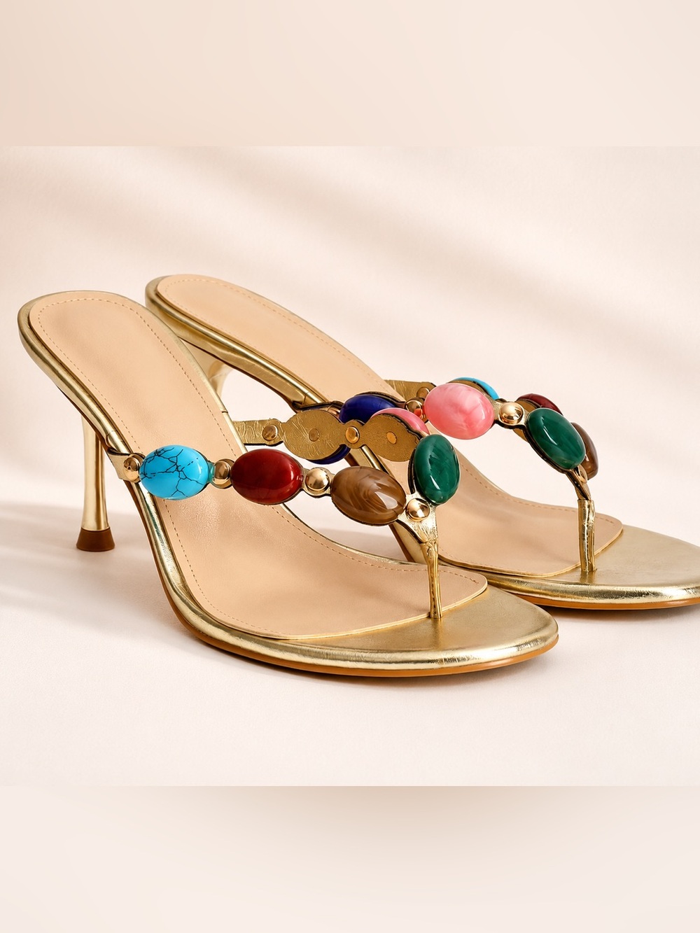 Gold Beaded Multi-Color Gemstone Thong Heels